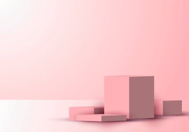 3 boyutlu gerçekçi küp şekilli podyum veya platform ürün gösterim pembe arka plan ışıklandırmalı. Ürün sunumu, maketi vs. için tasarımı kullanabilirsiniz. Vektör illüstrasyonu