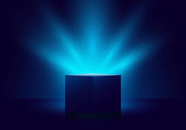 Blue Mystery Box Illuminated Lighting Glitter Dark Background Vector Illustration — Stock Vector