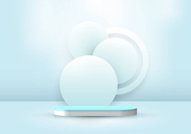 3D gerçekçi, asgari sahne boş podyum stüdyo odası daire arkaplanı ve yumuşak mavi arka planı var. Ürün sunumu, maketi vs. için tasarım. Vektör illüstrasyonu