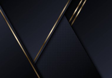 Parlak altın çizgileri olan soyut siyah üçgenler lüks arka plan tarzında şekillenir. Vektör illüstrasyonu
