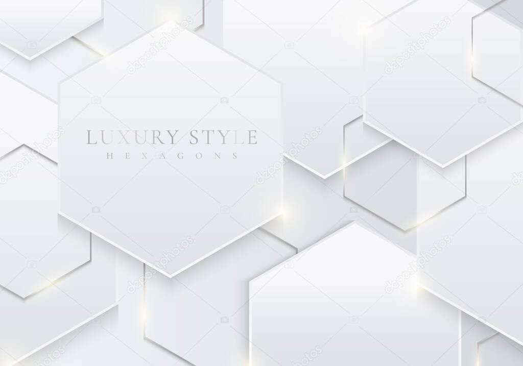 Abstract 3D white geometric hexagonal overlapping layered with lighting on clean background luxury style. Vector illustration