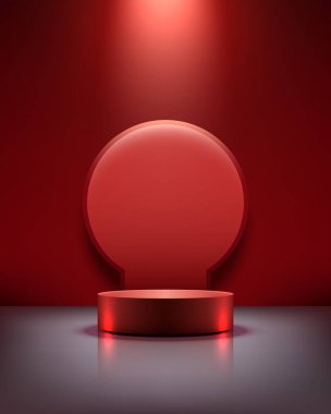 glossy metallic red podium sits under a bright spotlight on a dark reflective floor framed by a matte red circle creating a dramatic luxury scene ideal for product display or branding presentations