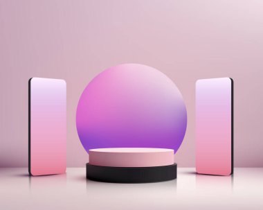 Yumuşak pembe gradyan sahne içinde minimalist 3d ürün görüntüleme, yuvarlak kaide, küre ve dikey akıllı telefon ekranları ile markalaştırma görselleri, teknoloji gösterileri ve modern sunum kullanımı