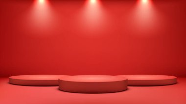 canlı kırmızı stüdyo arka planı üç yuvarlak sahne ışıkları, ürün sunumu için temiz modern sahne, ticari planlar, ya da tanıtım sahneleri