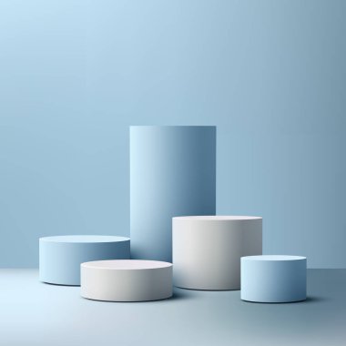 Yeni ürünlerin kozmetik veya moda aksesuarlarını sergilemek için soyut stüdyoda 3D beş silindirik podyum. Minimum, temiz sahne modern ticari modeller için mükemmeldir.