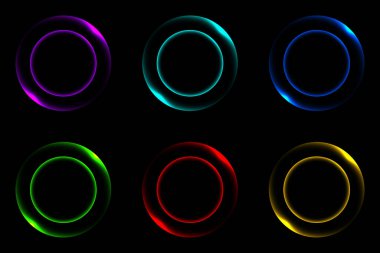 Fütürist teknoloji tasarımları ve modern oyun arayüzlerini geliştirmek için siyah zemin üzerinde çeşitli renklerde altı parlak neon halkalar.