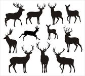 Grafické černé siluety divokých jelenů