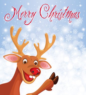 Kar tanesi arka plan üzerinde köşesindeki mutlu Ren geyiği Rudolph