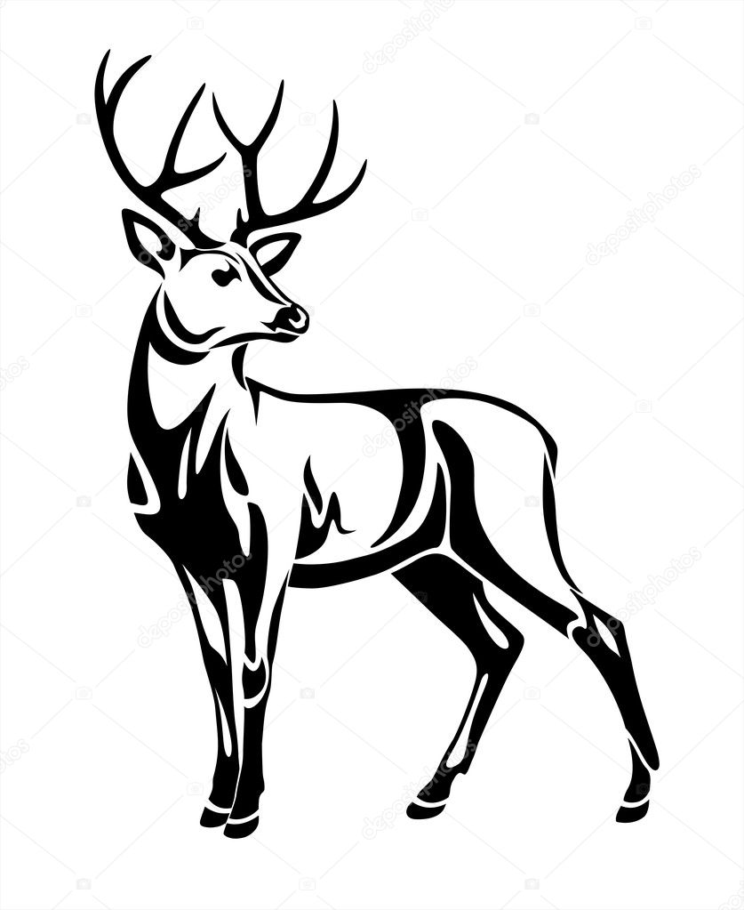 Graphic black illustration drawing of decorative wild deer