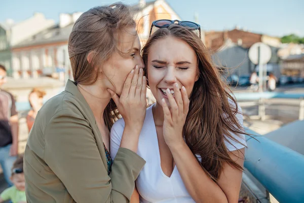 Zwei Mädchen stehen auf der Brücke. sie reden. — Stockfoto