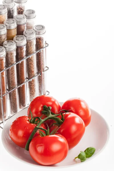 Tomates vermelhos e especiarias moídas em garrafas — Fotografia de Stock