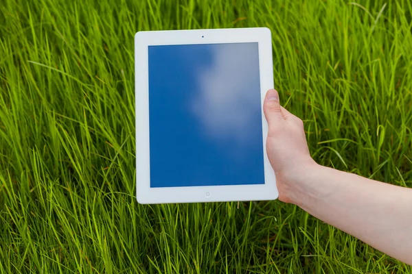 Hand met digitale Tablet PC op een grasveld — Stockfoto