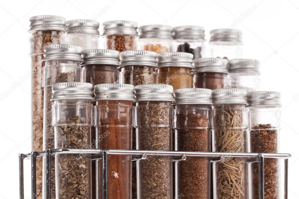 Assorted ground spices in bottles