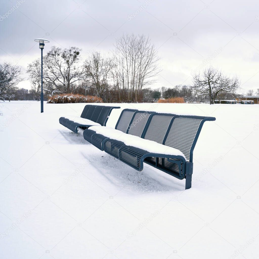 snowed in park bench in a public park in Magdeburg in Germany in winter time                               