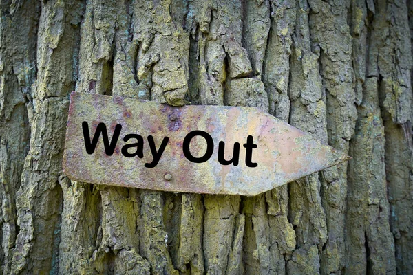 Old Rusty Sign Inscription Way Out Tree — Stock Photo, Image