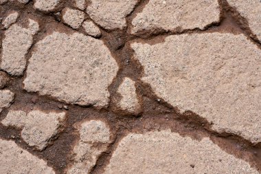 Yıpranmış bir yolun kaldırımında çatlaklar var. 