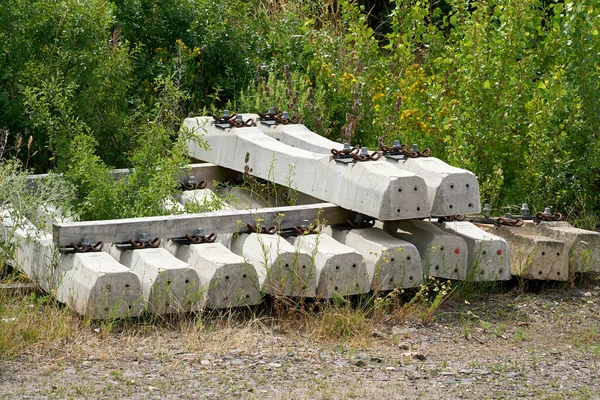 Nouvelles Traverses Chemin Fer Béton Sur Chantier Stockage Chantier Construction — Photo