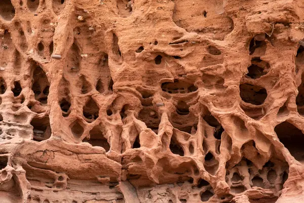 Czerwone piaskowcowe skały zmyte przez wodę głębokimi bruzdami — Zdjęcie stockowe