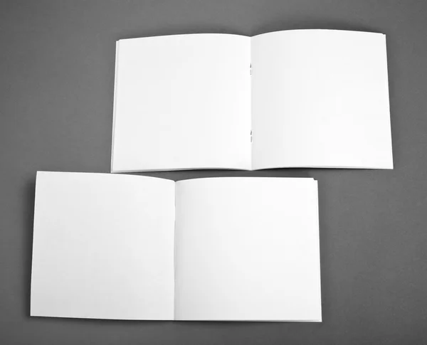 Revista abierta en blanco aislada sobre fondo gris con sombras suaves . — Foto de Stock