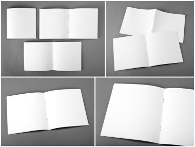 Dizi boş dergi, katalog, broşür, dergi, kitap gri arka plan üzerinde.