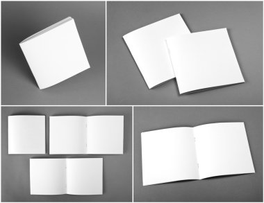 Dizi boş dergi, katalog, broşür, dergi, kitap gri arka plan üzerinde.