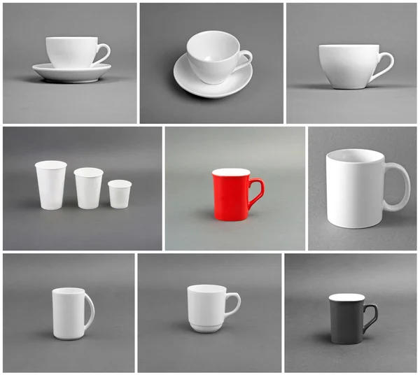 Set of different cups on gray background. — Stock Photo, Image