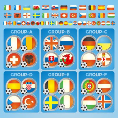 Katılımcı ülkelerin Fransa 2016 futbol simgeler bayrakları.