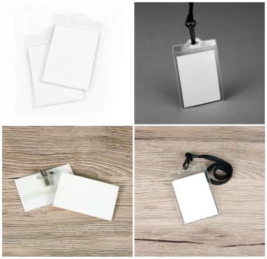 Set of id cards on wooden, grey and white backgrounds. clipart