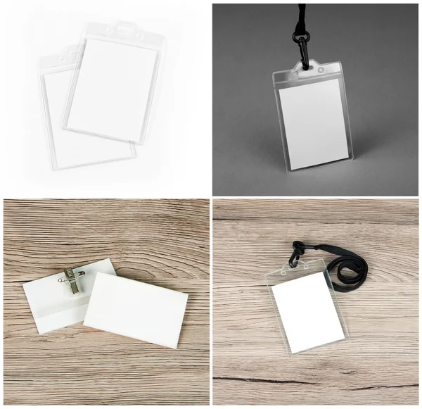 Set of id cards on wooden, grey and white backgrounds.