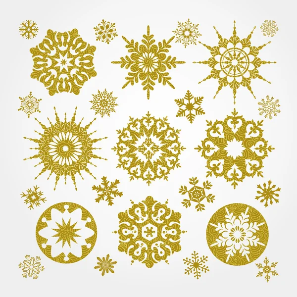 Coleção de flocos de neve dourados sobre um fundo branco — Vetor de Stock