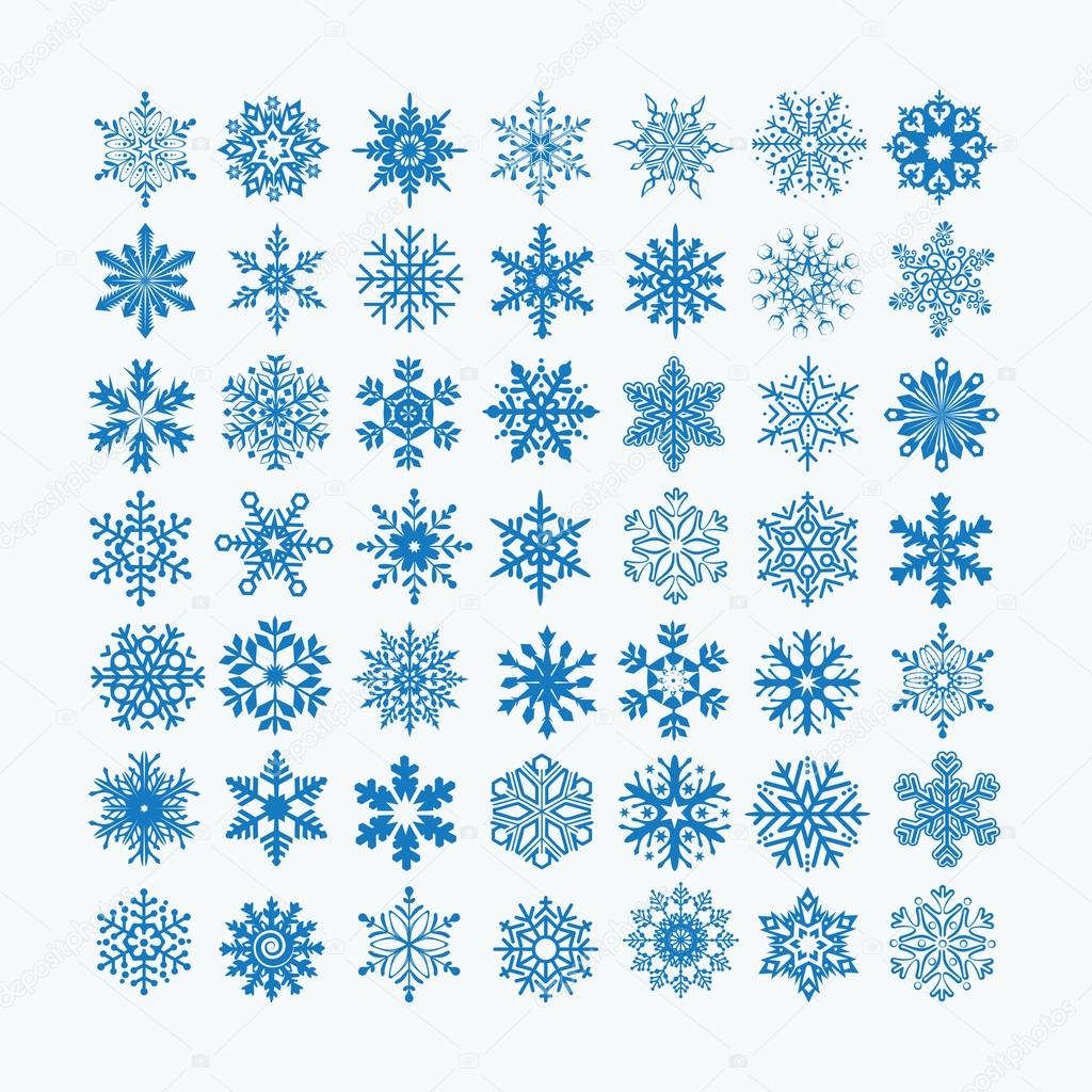 Collection of blue snowflakes on a white background