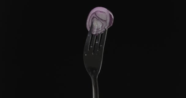 Rotating Fork Onion Black Background — Vídeo de stock