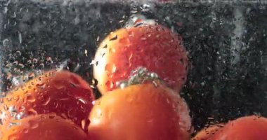 Olgun kırmızı domatesler düşüp suda yüzerler.