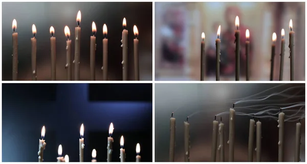 Świece Płonące Ołtarzu Kościelnym Palenie Świec Niewyraźnym Tle — Zdjęcie stockowe