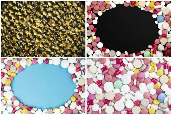 不同颜色的各种药物胶囊和药物的背景 — 图库照片