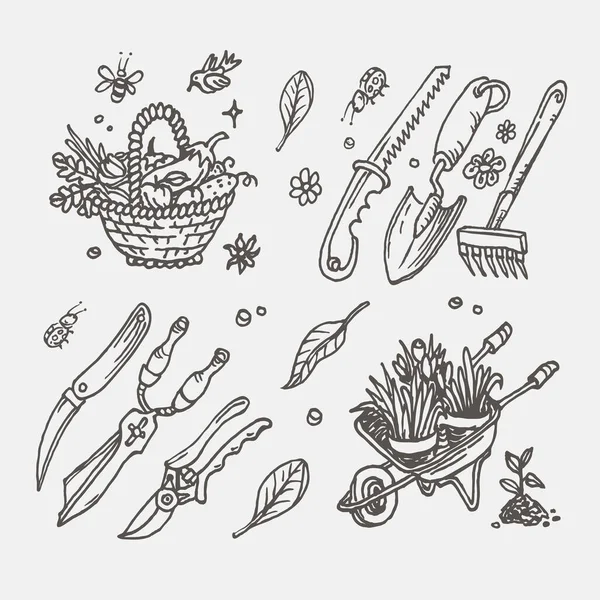 Big Set Hand Drawn Garden Elements Gardening Tools — Stock Vector