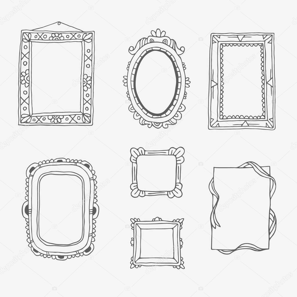 Vintage photo frame in doodle style. Vector hand drawn set with picture frames.