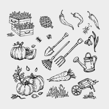 Büyük el yapımı bahçe malzemeleri seti.