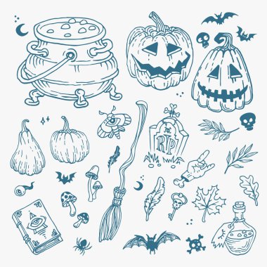 Cadılar Bayramı karalamaları seti. Cadılar Bayramı ve okült için dekorasyon.