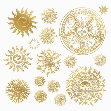 Güneş ikonu ayarlandı. Sarı güneş yıldız simgeleri koleksiyonu