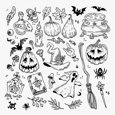 Cadılar Bayramı karalamaları seti. Cadılar Bayramı ve okült için dekorasyon.