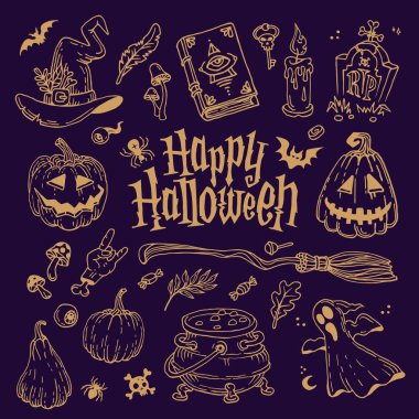 Cadılar Bayramı karalamaları seti. Cadılar Bayramı ve okült için dekorasyon.