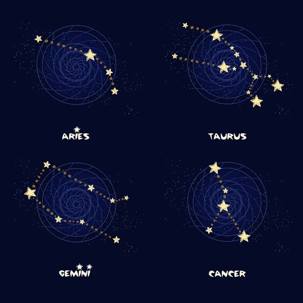 Conjunto Constelações Zodíaco Aries Taurus Gêmeos Câncer — Vetor de Stock