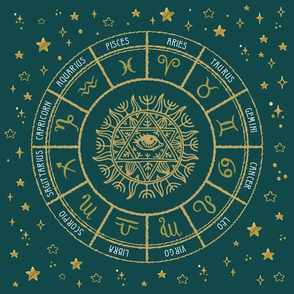 Horoskop Okręgu Znakami Słońca Księżyca Gwiazdy Zodiaku — Wektor stockowy