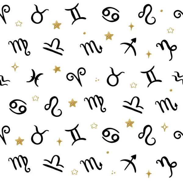 Horoscoop Symbolen Naadloos Patroon Met Hand Getekend Zodiac Tekens — Stockvector