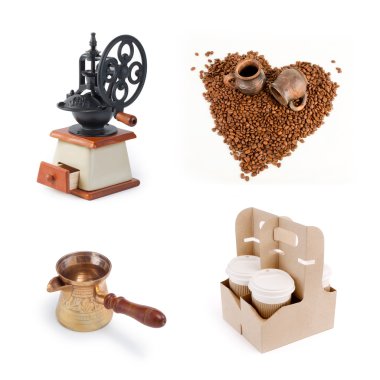 Beyaz arka plan üzerinde kahve aksesuarları kümesi.