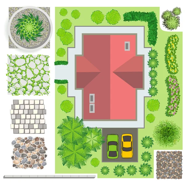 Detailed landscape design elements. Make your own plan. Top view. — Stock Vector