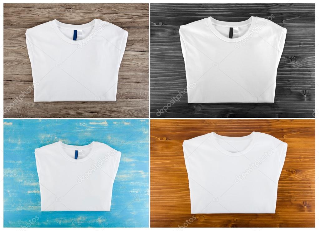 White folded t-shirt template on a wooden background