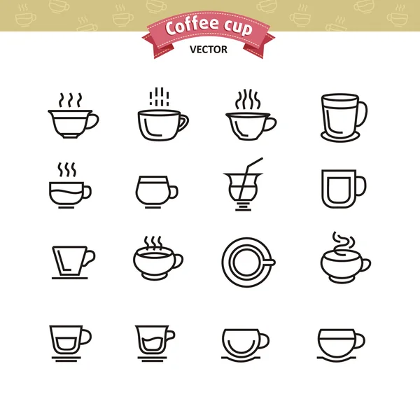 Kaffeebecher und Tassen schwarze Umrisse Symbole gesetzt. Vektorillustration. — Stockvektor