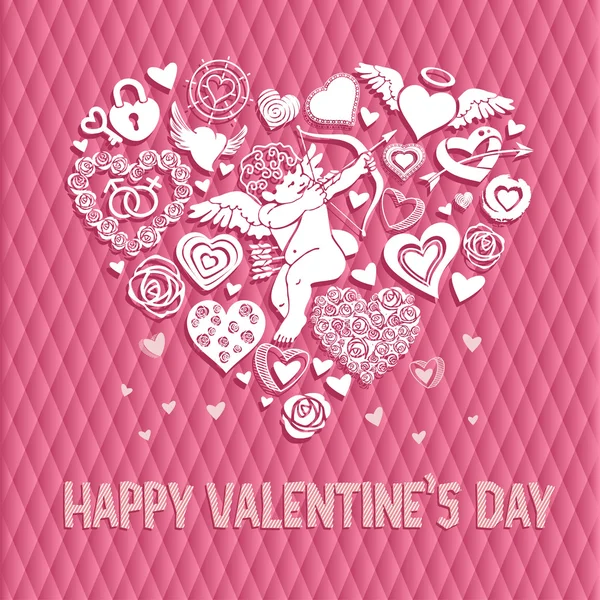 Grußkarte zum Valentinstag mit einem großen Herz bestehend aus Blumen, Amor, kleinen Herzen, Schlössern und Schlüsseln. — Stockvektor